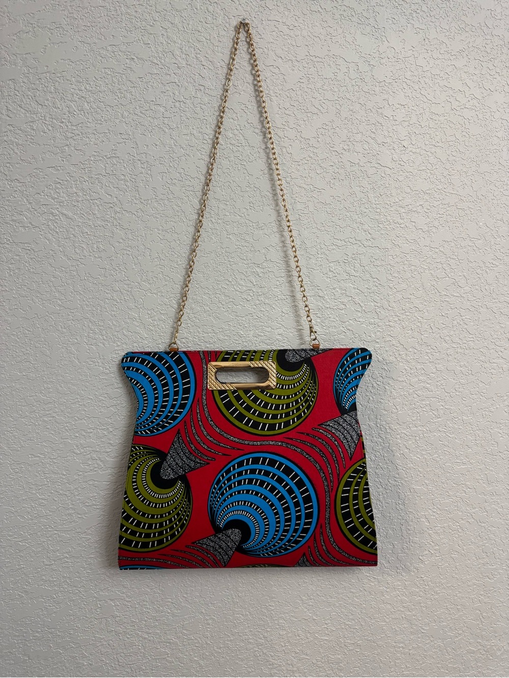 Vibrant Red African Print Chain-Handle Crossbody Top Handle Briefcase Bag NWOT